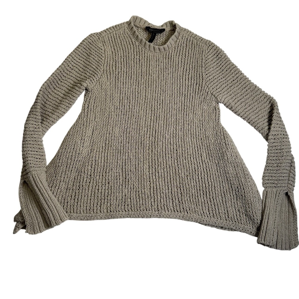 BCBGMAXAZRIA Sweater Womens XS Taupe Excellent Open Knit‎ Split Bell Cuff Flared